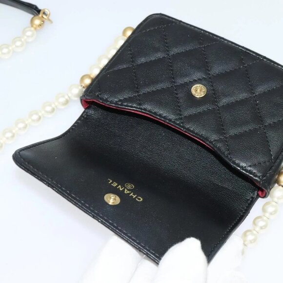 CHANEL Matelasse Pearl Shoulder Bag Lamb Skin Black Gold CC Auth - Picture 8 of 16